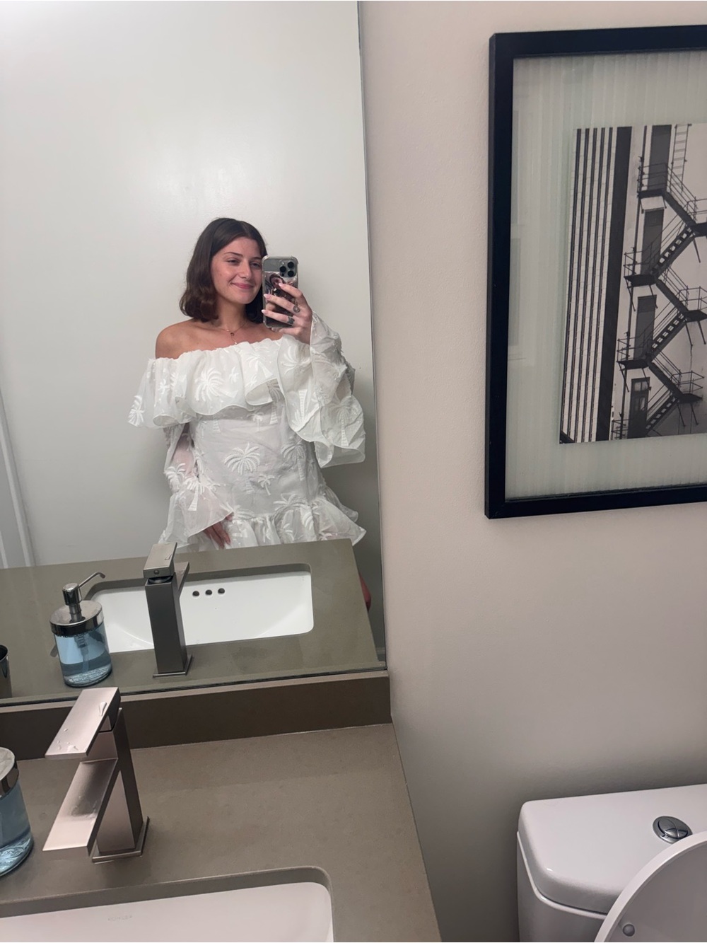 ASOS White Ruffled Palm-Embroidered Off-Shoulder Dress